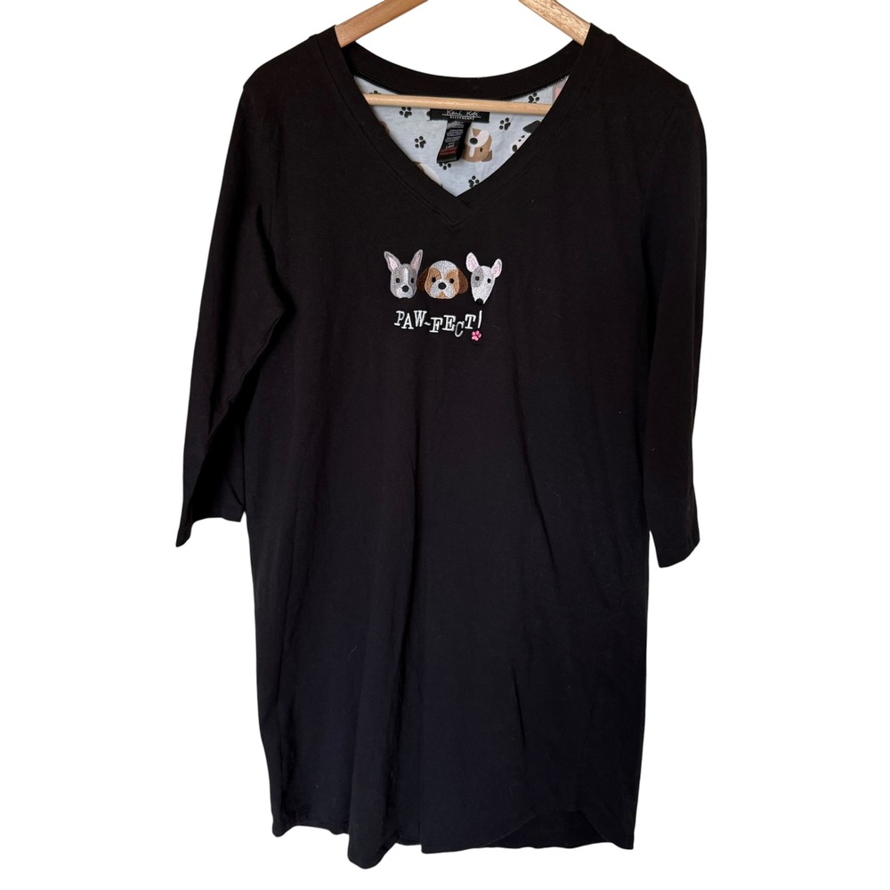 Rene Rofe Sleep Shirt Womens Large Black New Dog‎ Paw-fect Cotton 3/4 Sleeve